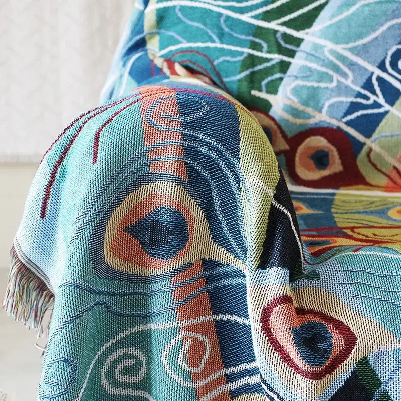 Teal and blue peacock knit sofa blanket cover living room throw