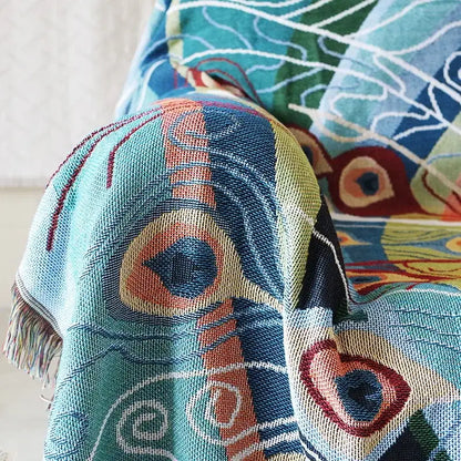 Teal and blue peacock knit sofa blanket cover living room throw