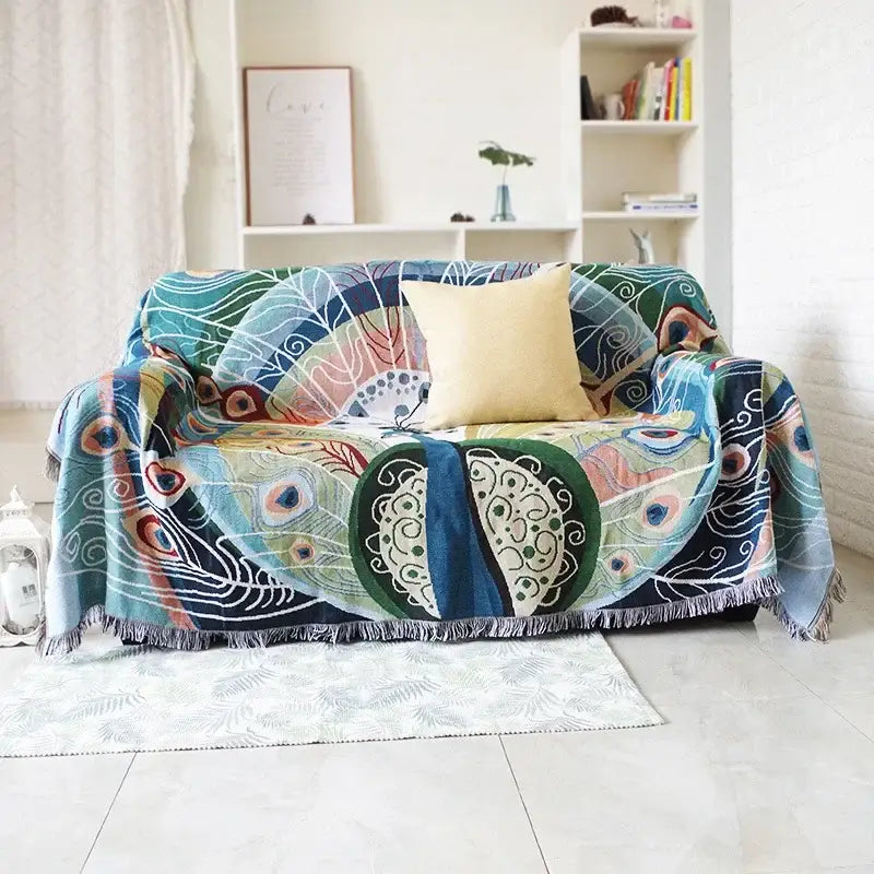 Teal and blue peacock knit sofa blanket cover living room throw