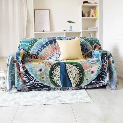 Teal and blue peacock knit sofa blanket cover living room throw