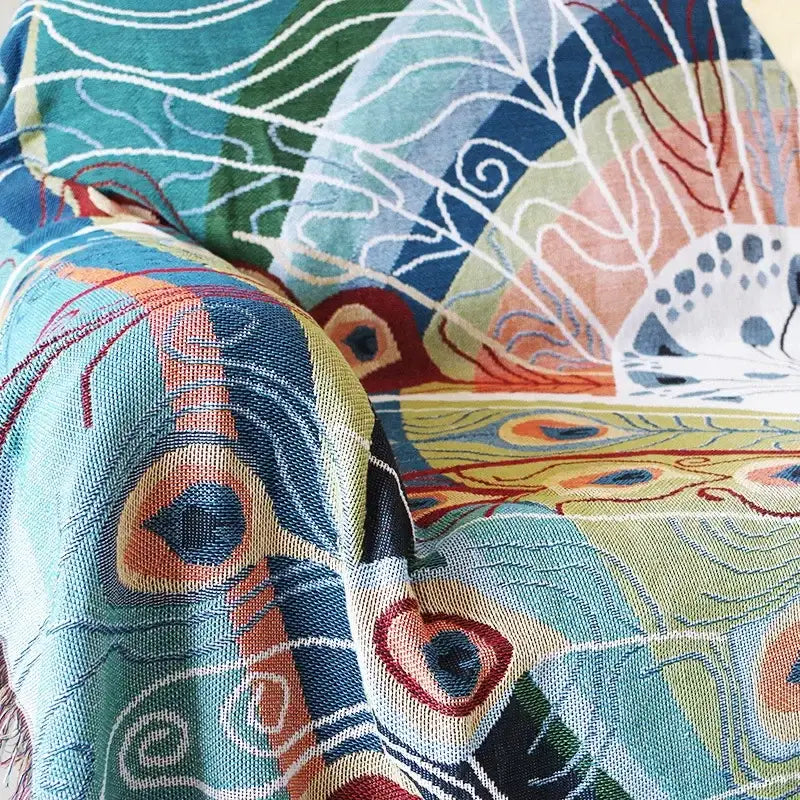 Teal and blue peacock knit sofa blanket cover living room throw