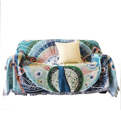 Teal and blue peacock knit sofa blanket cover living room throw