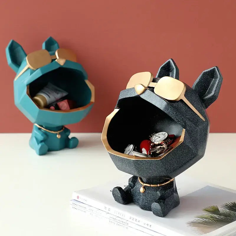 Teal and gold big mouth dog storage sculpture living room organizer