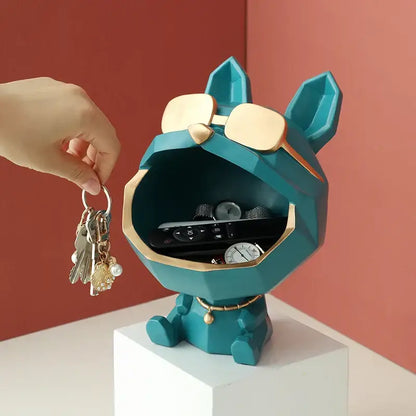 Teal and gold big mouth dog storage sculpture living room organizer