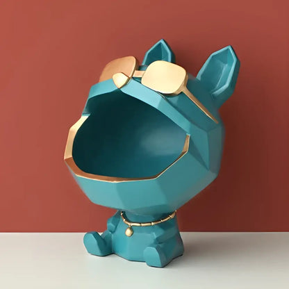 Teal and gold big mouth dog storage sculpture living room organizer