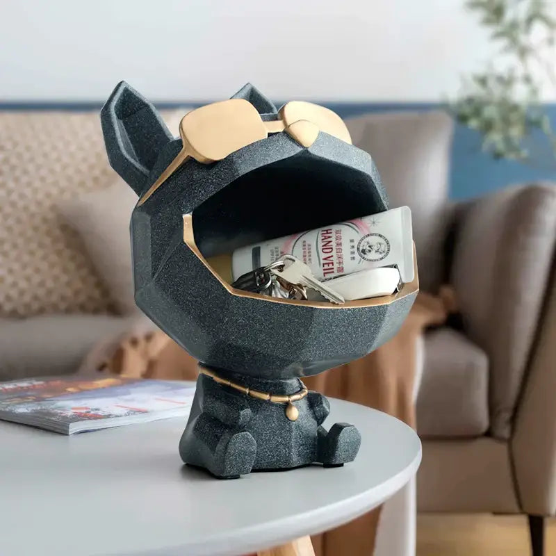 Teal and gold big mouth dog storage sculpture living room organizer