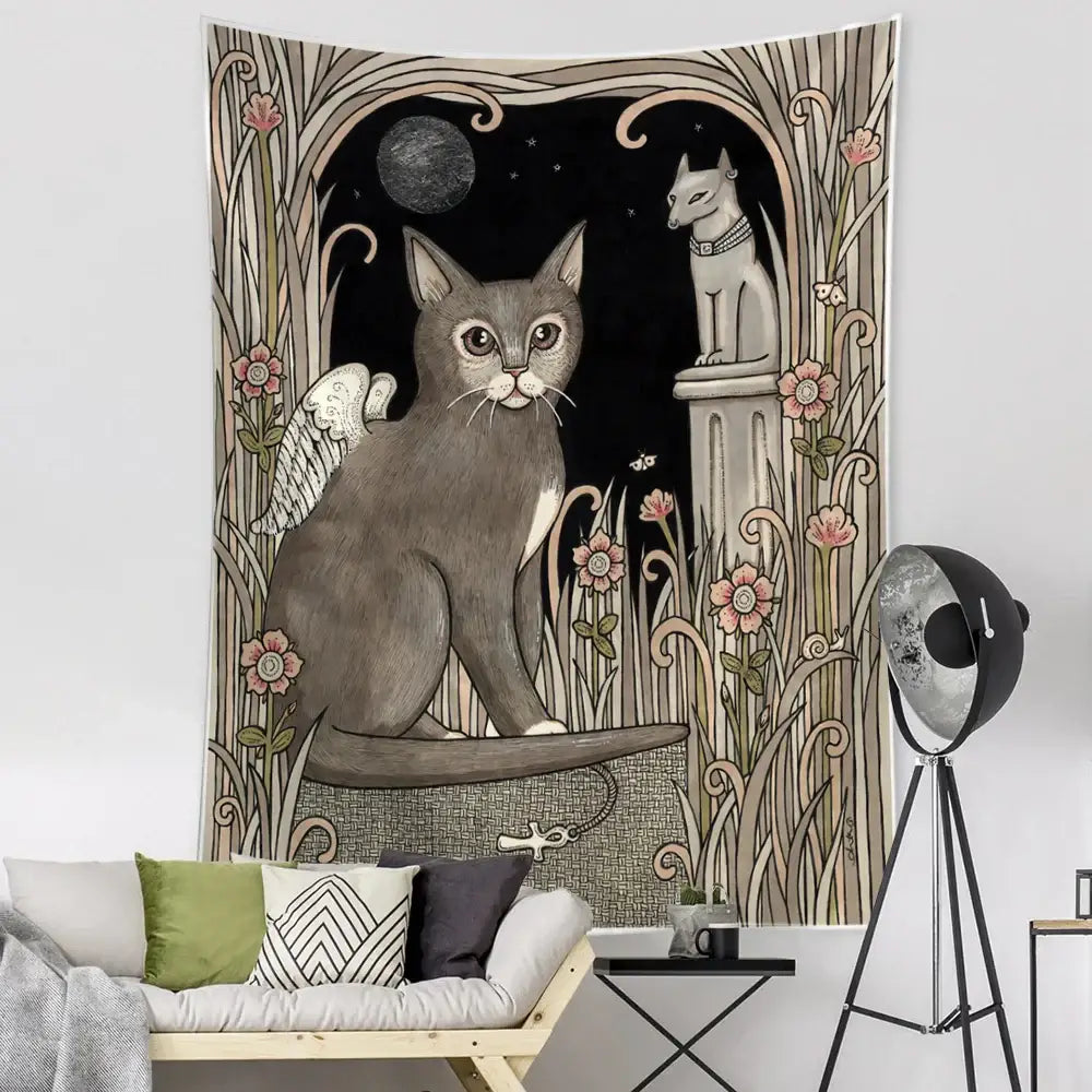 Teal and gold black cat tarot tapestry bedroom wall decor