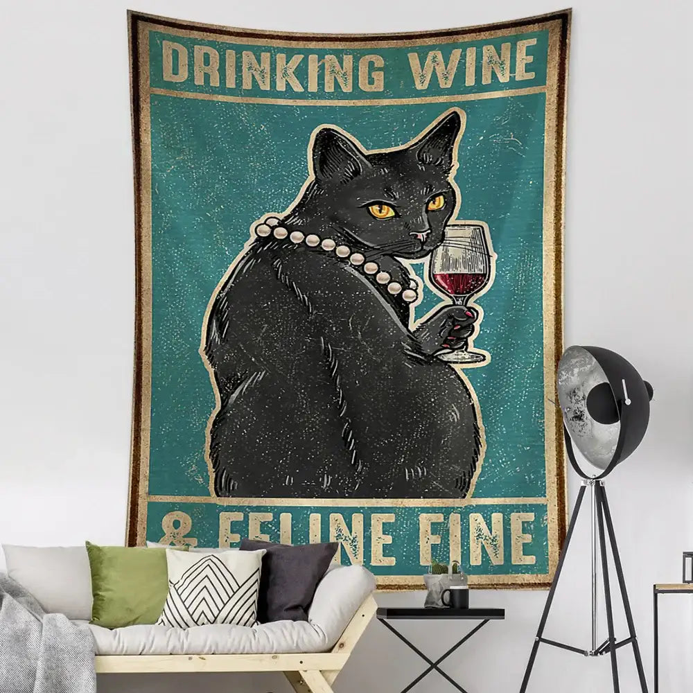 Teal and gold black cat tarot tapestry bedroom wall decor