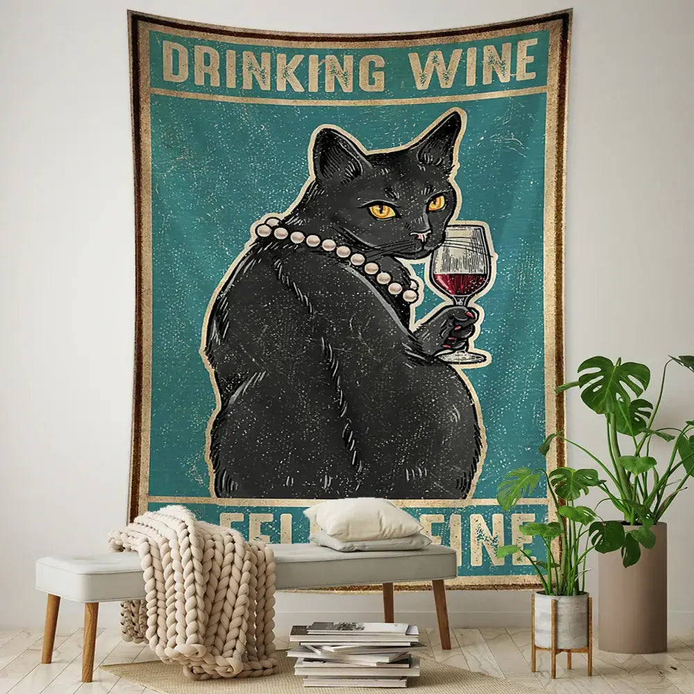Teal and gold black cat tarot tapestry bedroom wall decor
