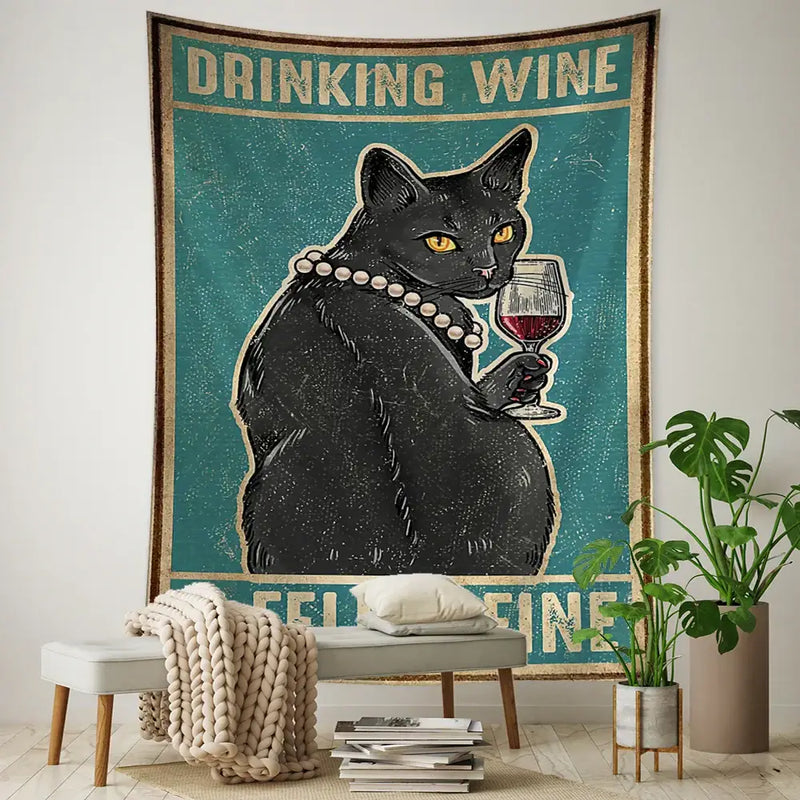 Teal and gold black cat tarot tapestry bedroom wall decor