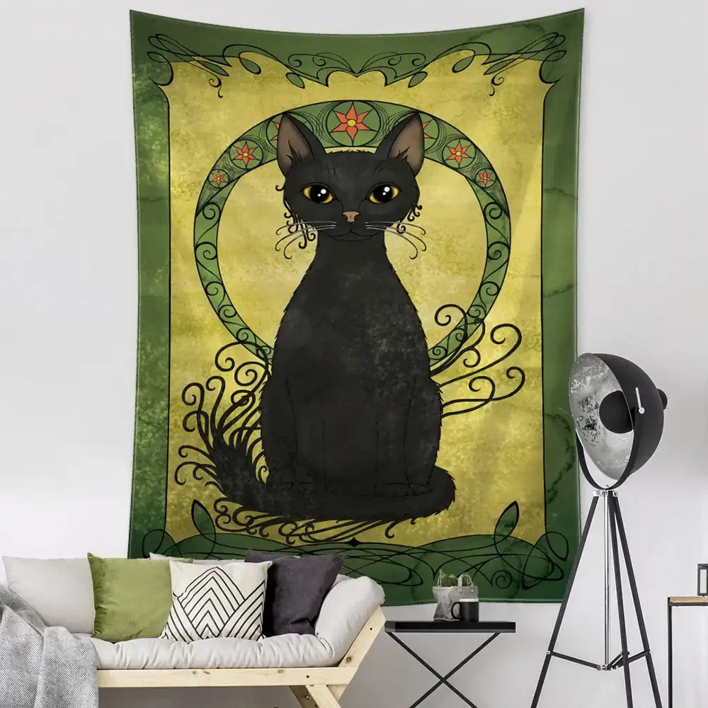 Teal and gold black cat tarot tapestry bedroom wall decor