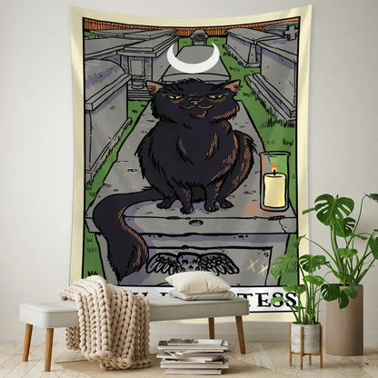 Teal and gold black cat tarot tapestry bedroom wall decor