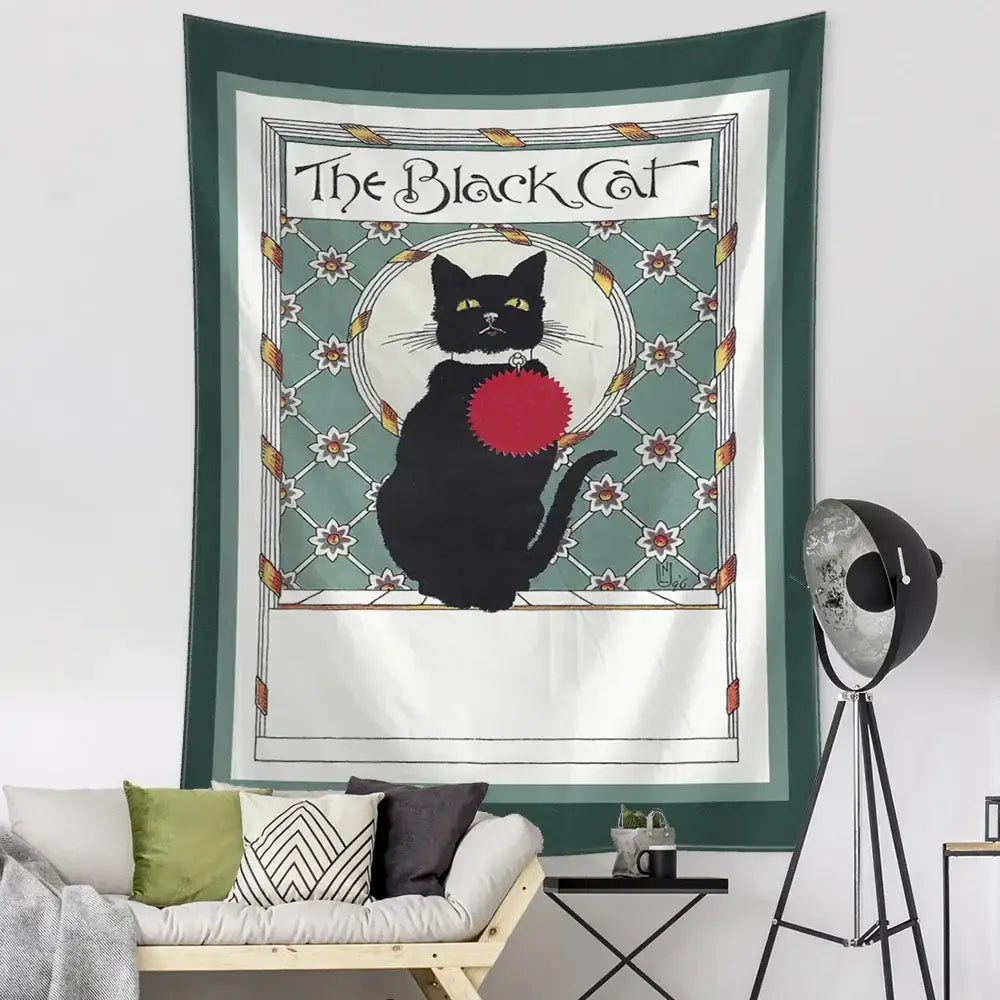 Teal and gold black cat tarot tapestry bedroom wall decor