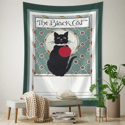 Teal and gold black cat tarot tapestry bedroom wall decor