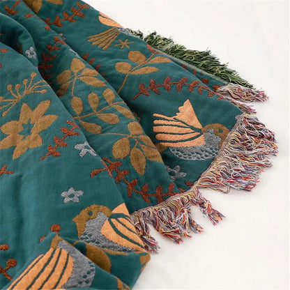 Teal and gold embroidered bird non-slip sofa blanket living room