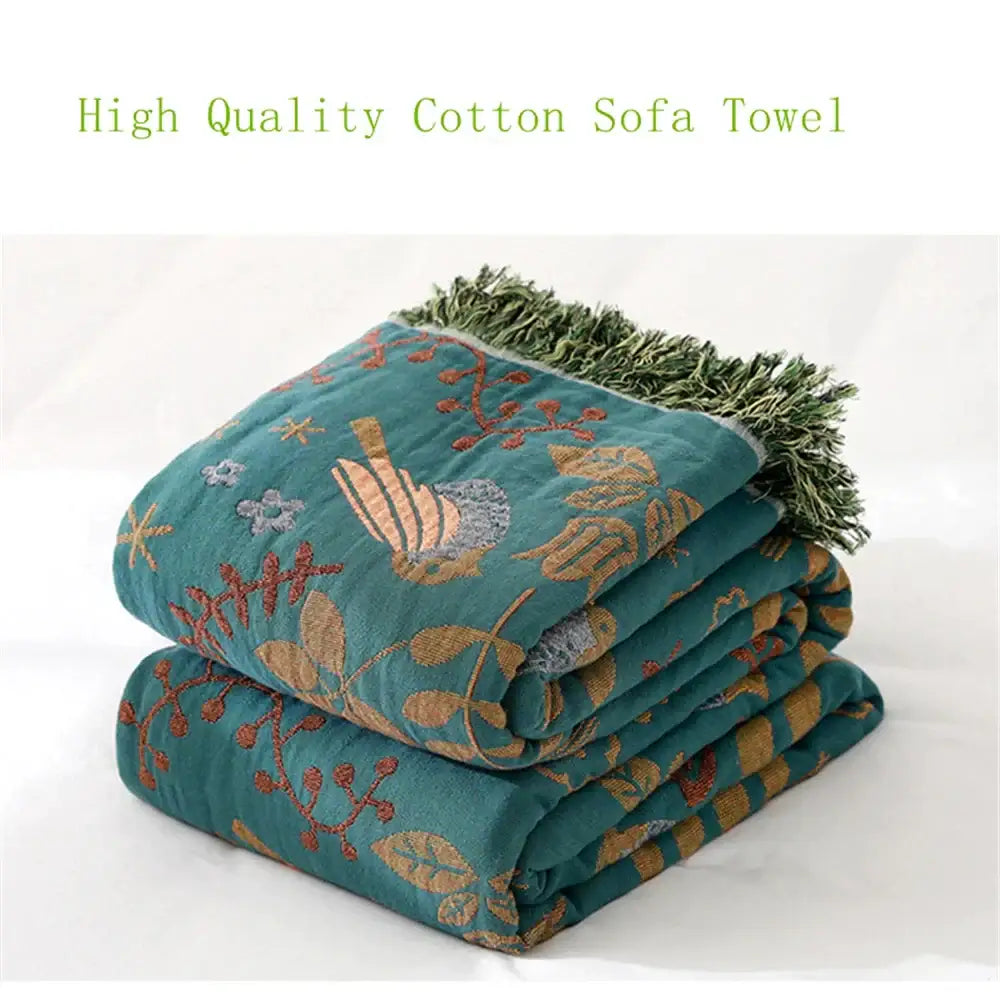 Teal and gold embroidered bird non-slip sofa blanket living room