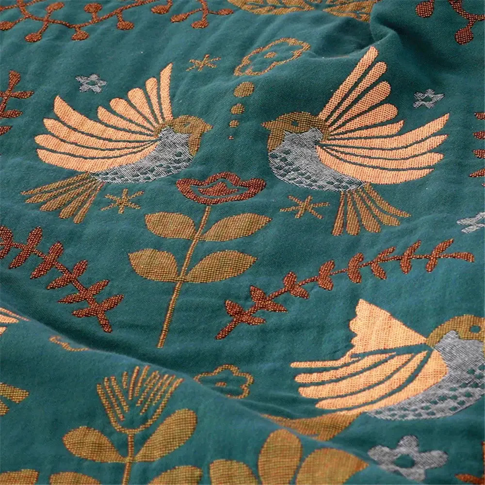 Teal and gold embroidered bird non-slip sofa blanket living room