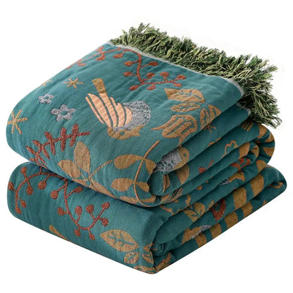 Teal and gold embroidered bird non-slip sofa blanket living room