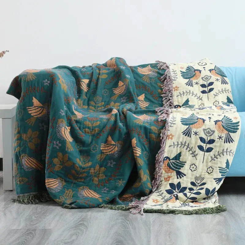 Teal and gold embroidered bird non-slip sofa blanket living room