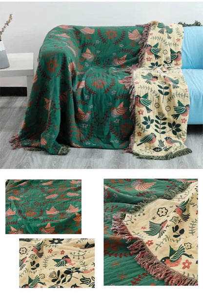 Teal and gold embroidered bird non-slip sofa blanket living room