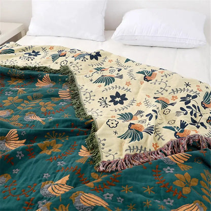 Teal and gold embroidered bird non-slip sofa blanket living room