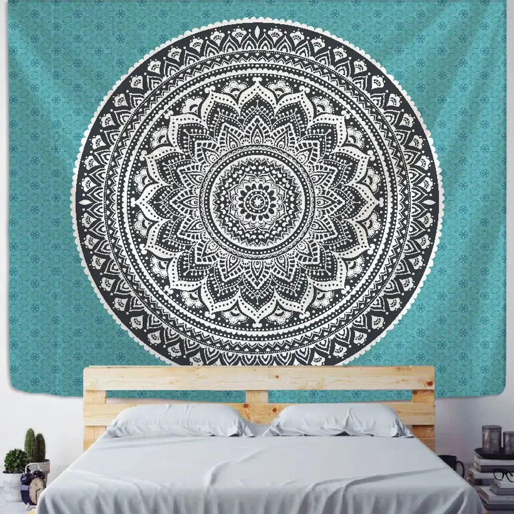 Teal black & white bohemian mandala wall hanging bedroom decor