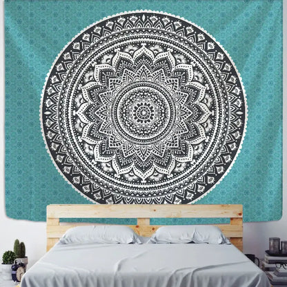 Teal black & white bohemian mandala wall hanging bedroom decor