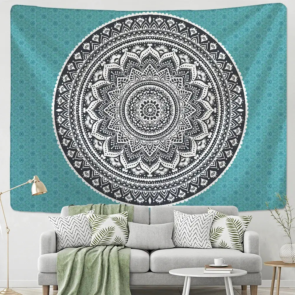 Teal black & white bohemian mandala wall hanging bedroom decor