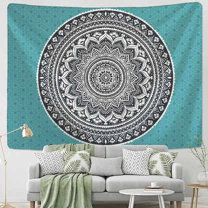 Teal black & white bohemian mandala wall hanging bedroom decor