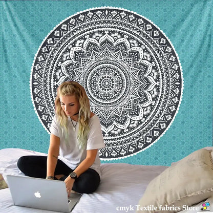 Teal black & white bohemian mandala wall hanging bedroom decor