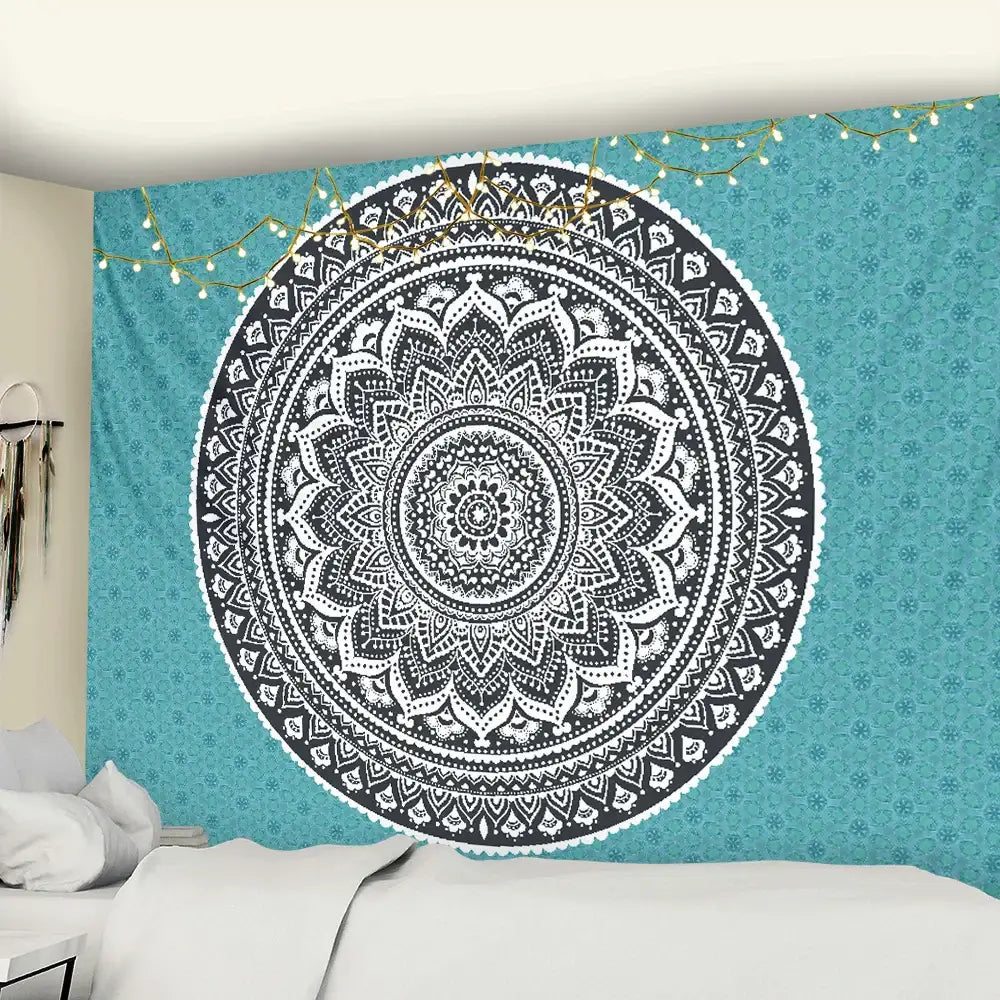 Teal black & white bohemian mandala wall hanging bedroom decor