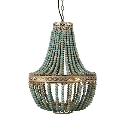 Teal blue wood beads pendant light bedroom woven chandelier