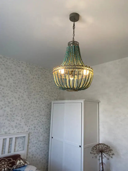 Teal blue wood beads pendant light bedroom woven chandelier