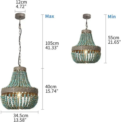 Teal blue wood beads pendant light bedroom woven chandelier