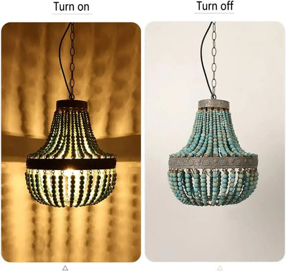 Teal blue wood beads pendant light bedroom woven chandelier