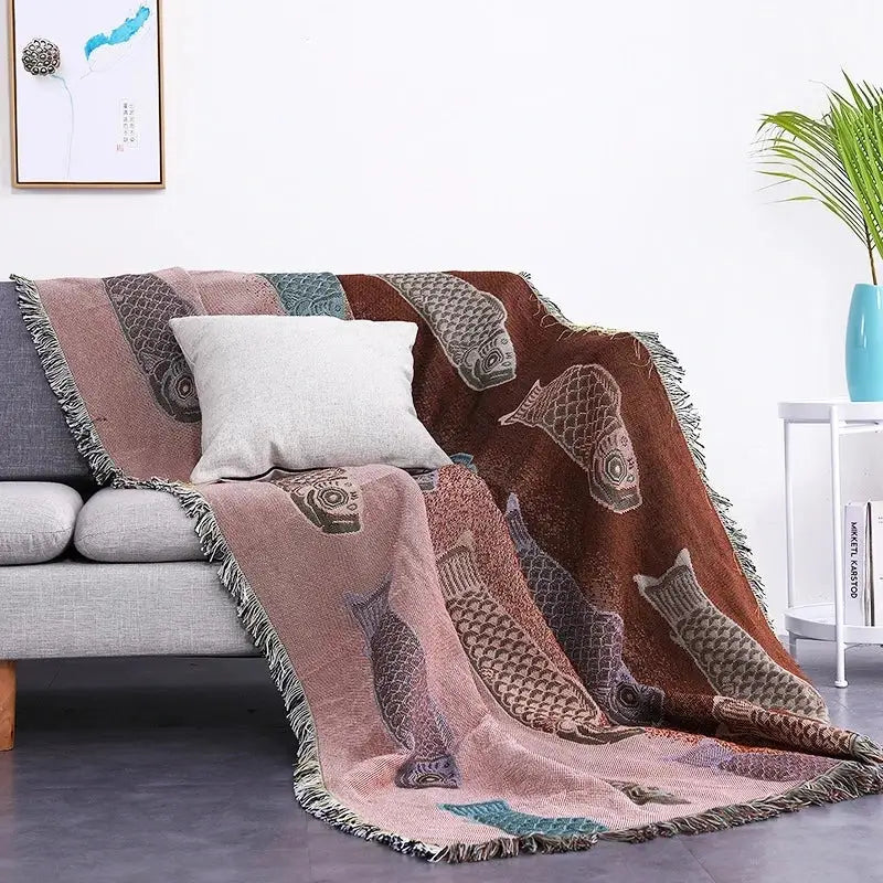 Teal butterfly carp pattern sofa blanket living room throw