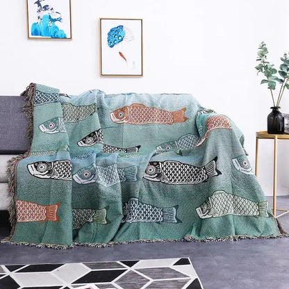 Teal butterfly carp pattern sofa blanket living room throw