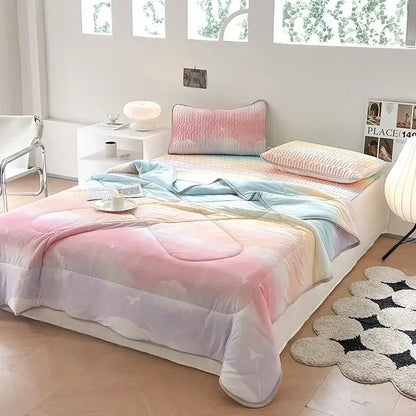 Teal & cream zigzag cool summer blanket set bedroom quilt