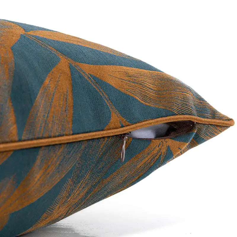 Teal & gold banana tree leaves jacquard cushion cover living room