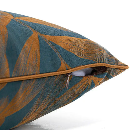 Teal & gold banana tree leaves jacquard cushion cover living room