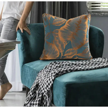 Teal & gold banana tree leaves jacquard cushion cover living room