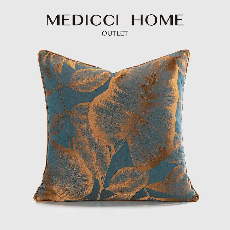 Teal & gold banana tree leaves jacquard cushion cover living room