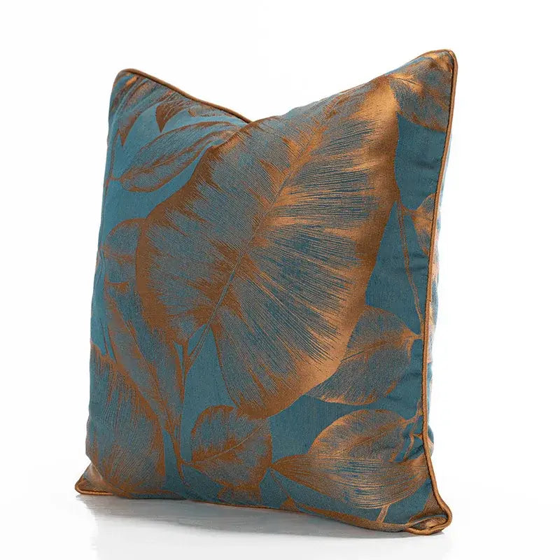 Teal & gold banana tree leaves jacquard cushion cover living room