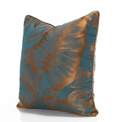 Teal & gold banana tree leaves jacquard cushion cover living room