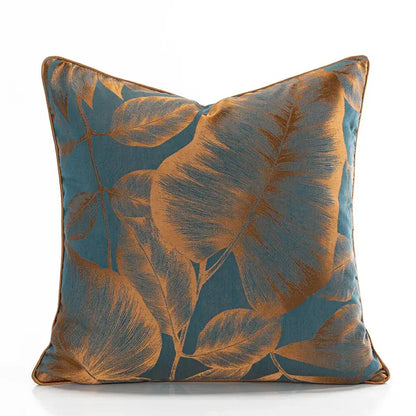 Teal & gold banana tree leaves jacquard cushion cover living room
