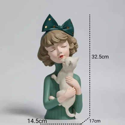 Teal & gold bowknot cat girl figurines living room decor
