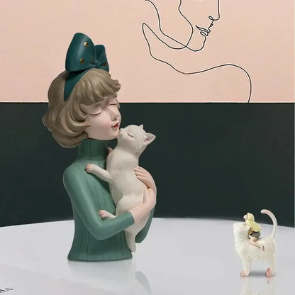 Teal & gold bowknot cat girl figurines living room decor