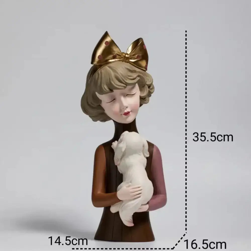 Teal & gold bowknot cat girl figurines living room decor