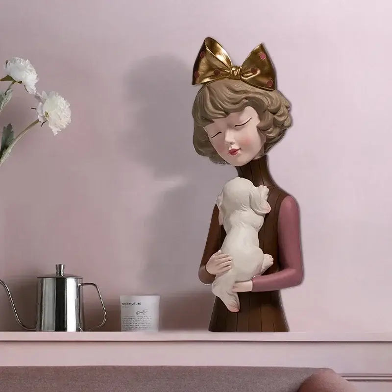 Teal & gold bowknot cat girl figurines living room decor