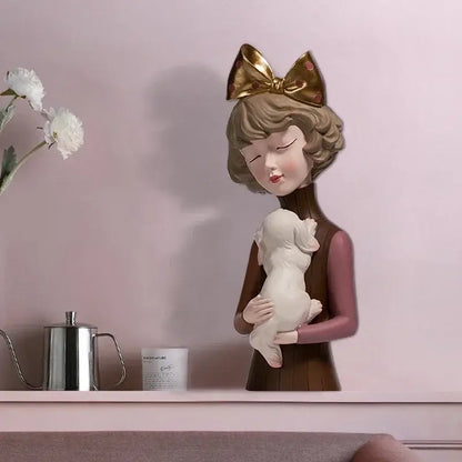 Teal & gold bowknot cat girl figurines living room decor